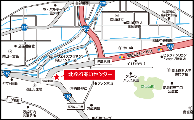 岡山市ふれあい介護予防センター北事務所までの地図画像です。