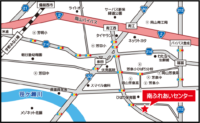 岡山市ふれあい介護予防センター南事務所までの地図画像です。