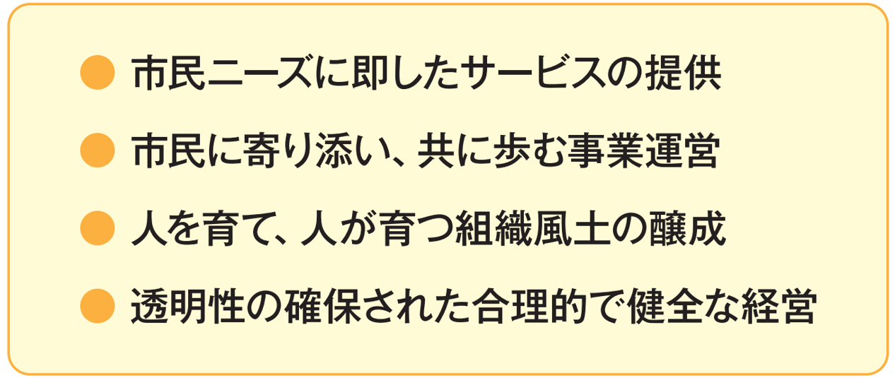 1市民ニーズに即したサービスの提供2市民に寄り添い、共に歩む事業運営3人を育て、人が育つ組織風土の醸成4透明性の確保された合理的で健全な経営