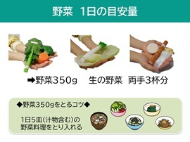 1日分の野菜の摂取量について、解説をしている画像です。  野菜は、1日に350グラム摂取するとよいとされています。350グラムの目安は両手に乗る程度の生野菜3杯分です。350グラムの生野菜をそのまま食べるのは、なかなか難しいかもしれません。野菜為や味噌汁など、加熱調理をして美味しく摂取しましょう。