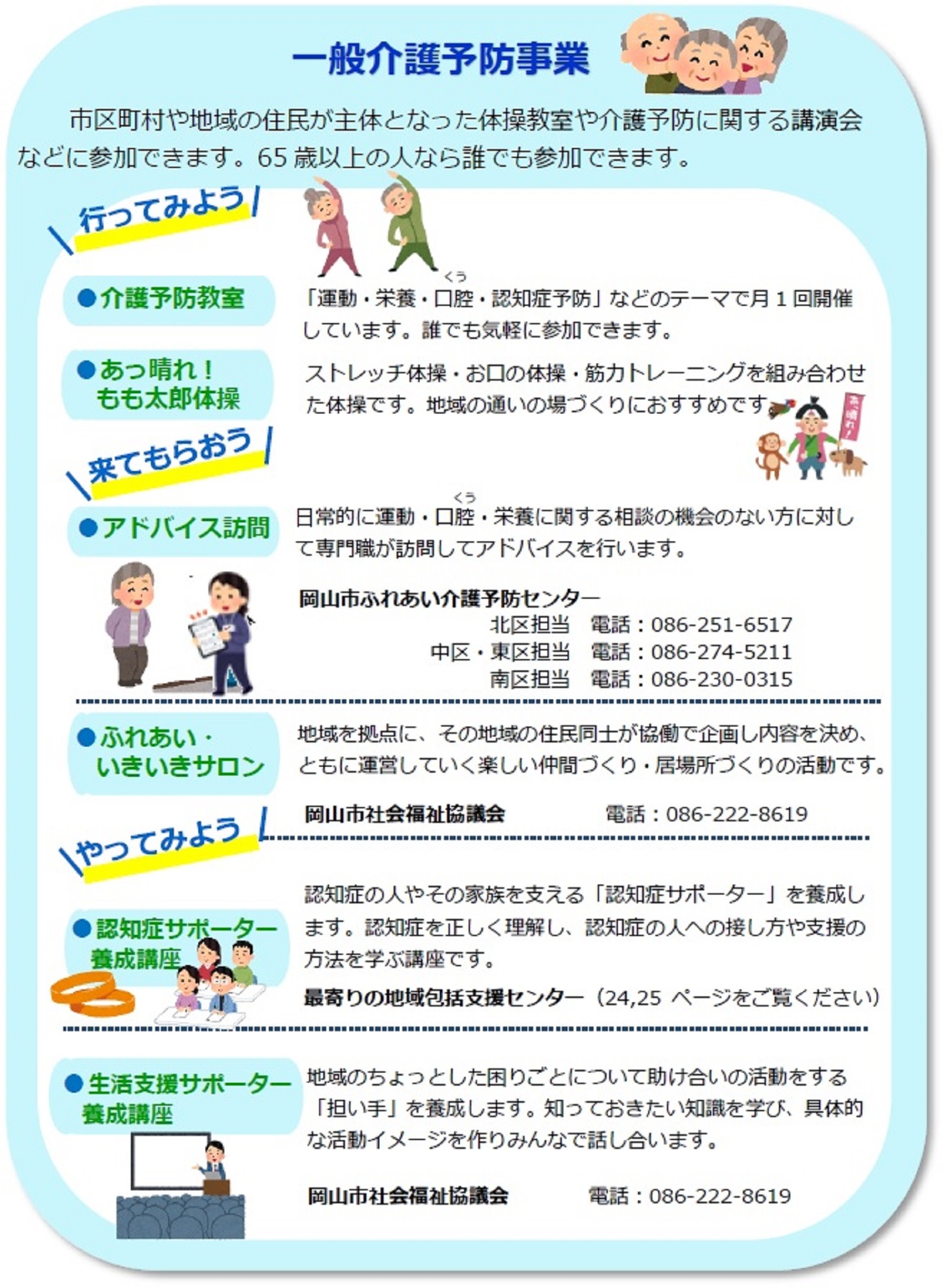 ●介護予防教室　「運動・栄養・口腔・認知症予防」などのテーマで月1回開催しています。誰でも気軽に参加できます。 岡山市ふれあい介護予防センター　北区担当　電話：086-251-6517　中区・東区担当　電話：086-274-5211南区担当　電話：086-230-0315 ●あっ晴れ!もも太郎体操 ストレッチ体操・お口の体操・筋力トレーニングを組み合わせた体操です。地域の通いの場づくりにおすすめです。 岡山市ふれあい介護予防センター　北区担当　電話：086-251-6517　中区・東区担当　電話：086-274-5211南区担当　電話：086-230-0315 ●アドバイス訪問 日常的に運動・口腔・栄養に関する相談の機会のない方に対して専門職が訪問してアドバイスを行います。 岡山市ふれあい介護予防センター　北区担当　電話：086-251-6517　中区・東区担当　電話：086-274-5211南区担当　電話：086-230-0315 ●ふれあい・いきいきサロン 地域を拠点に、その地域の住民同士が協働で企画し内容を決め、ともに運営していく楽しい仲間づくり・居場所づくりの活動です。 岡山市社会福祉協議会　電話：086-222-8619 ●認知症サポーター養成講座 認知症の人やその家族を支える「認知症サポーター」を養成します。認知症を正しく理解し、認知症の人への接し方や支援の方法を学ぶ講座です。 最寄りの地域包括支援センター ●生活支援サポーター養成講座 地域のちょっとした困りごとについて助け合いの活動をする「担い手」を養成します。知っておきたい知識を学び、自分に合った地域活動をみつける講座です。 岡山市社会福祉協議会　電話：086-222-8619