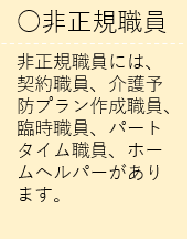 非正規職員には、契約職員、介護予防プラン作成職員、臨時職員、パートタイム職員、ホームヘルパーがあります。